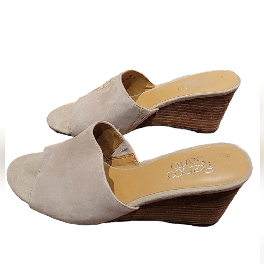 Franco Sarto 3in open toe, open heel leather beige, tan heeled sandles Size 8 - Picture 3 of 6